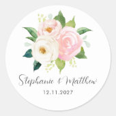Blush Roze Rozen Bloemen Botanische Bruiloft Ronde Sticker (Voorkant)