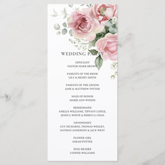 Blush roze rozen Bloemen groen groen bruiloft Programmakaart (Achterkant)