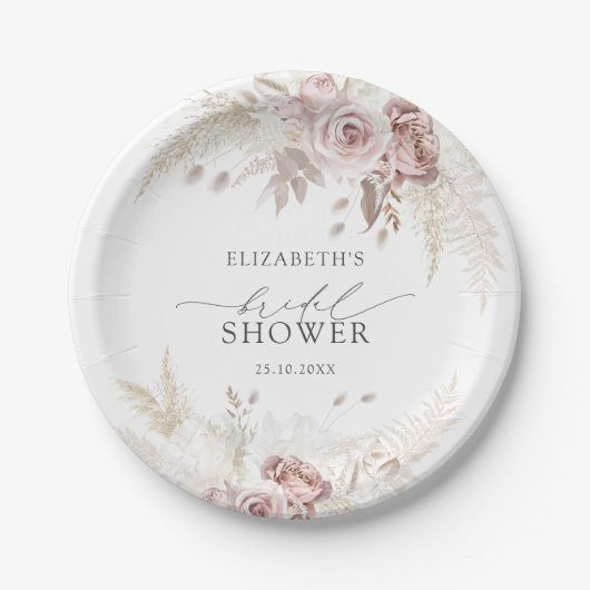 Blush Roze Rozen Bloemen Vrijgezellenfeest Papieren Bordje (Voorkant)