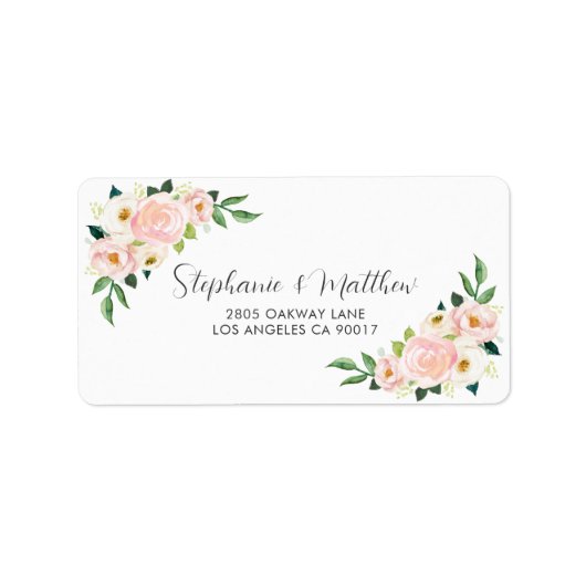 Blush Roze Rozen Bloemen Waterverf Bruiloft Etiket (Voorkant)