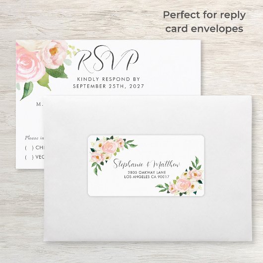 Blush Roze Rozen Bloemen Waterverf Bruiloft Etiket