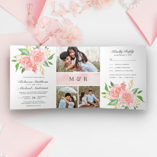 Blush roze rozen boeket foto collage bruiloft drieluik uitnodiging