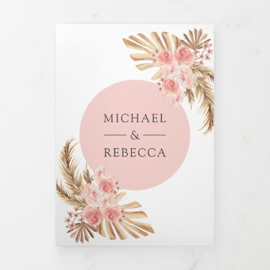 Blush roze rozen Boho Pampas Arch QR Code Weddensc Drieluik Uitnodiging (Cover)