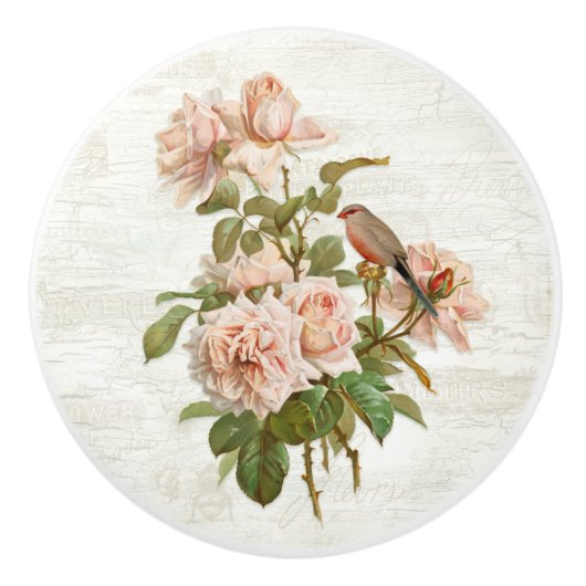  Blush roze rozen Botanische Bird White Wood Keramische Knop (Voorkant)
