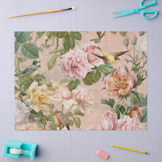  Blush Roze Rozen Botanische Vogels Tissuepapier (Craft)