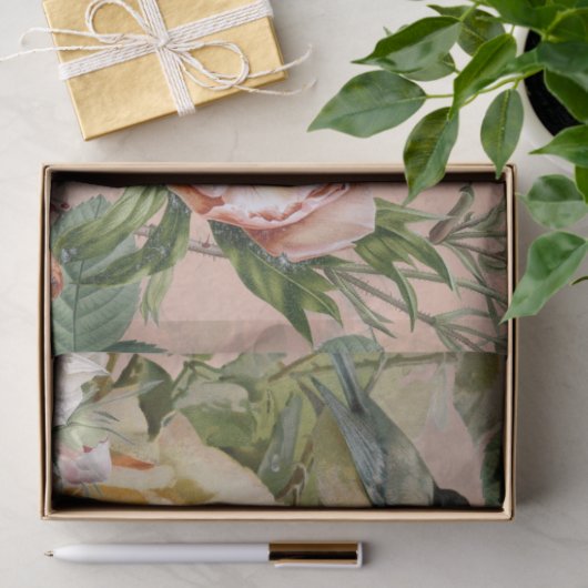 Blush Roze Rozen Botanische Vogels Tissuepapier (Geschenk)