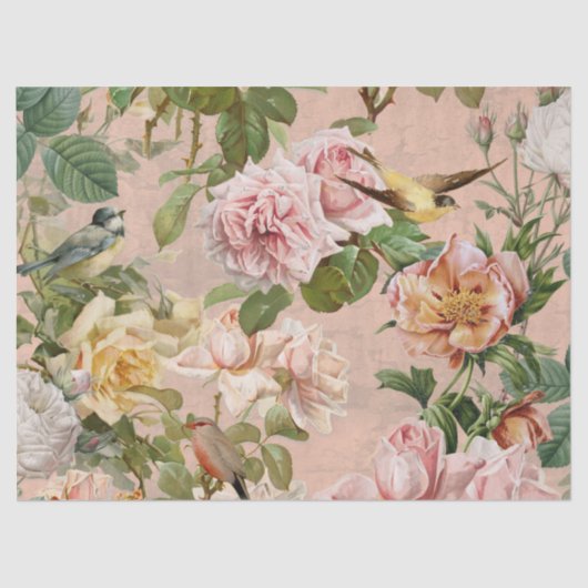  Blush Roze Rozen Botanische Vogels Tissuepapier (Voorkant)