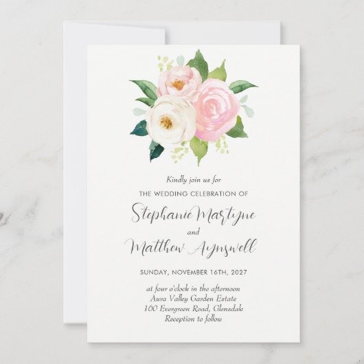 Blush Roze Rozen Botanische Waterverf Bruiloft Kaart (Voorkant)