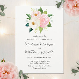 Blush Roze Rozen Botanische Waterverf Bruiloft Kaart