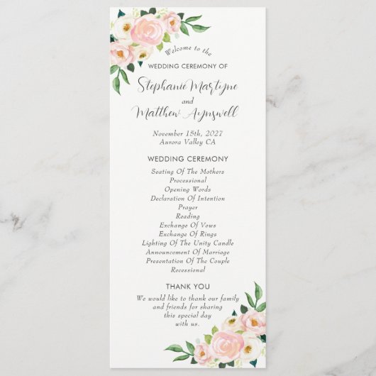 Blush Roze Rozen Botanische Waterverf Bruiloft Programmakaart (Voorkant)