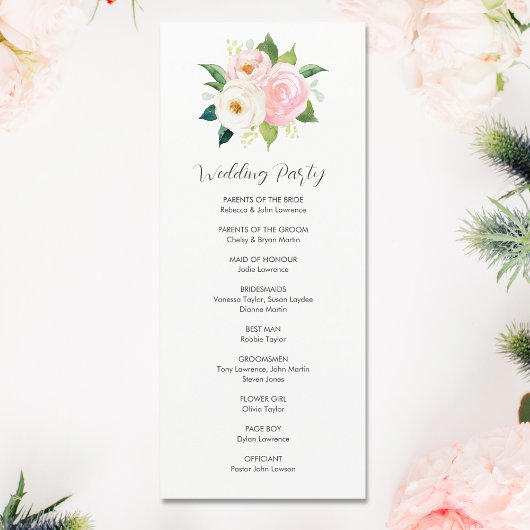 Blush Roze Rozen Botanische Waterverf Bruiloft Programmakaart