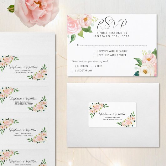 Blush Roze Rozen Botanische Waterverf Bruiloft RSVP Kaartje