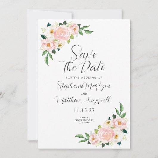 Blush Roze Rozen Botanische Waterverf Bruiloft Save The Date (Voorkant)