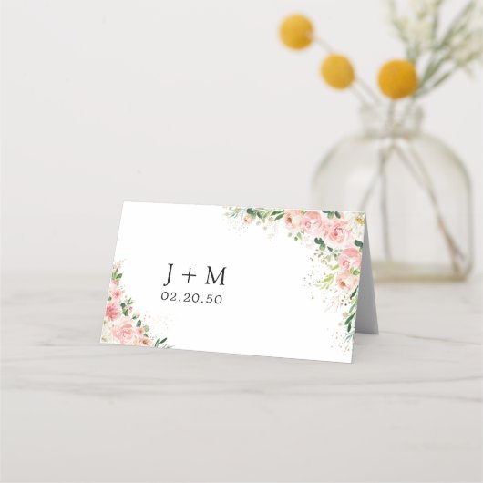 Blush roze rozen bruiloft gevouwen plaats kaarten plaatskaartje (Achterkant)