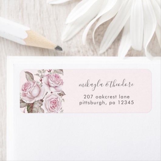 Blush roze rozen bruiloft label retouradres (Insitu)