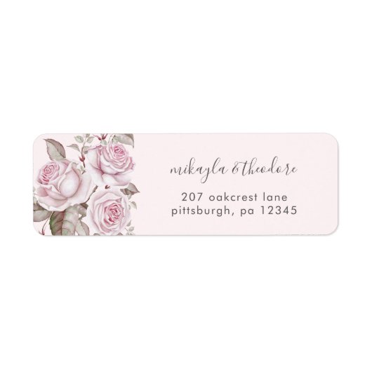 Blush roze rozen bruiloft label retouradres (Voorkant)