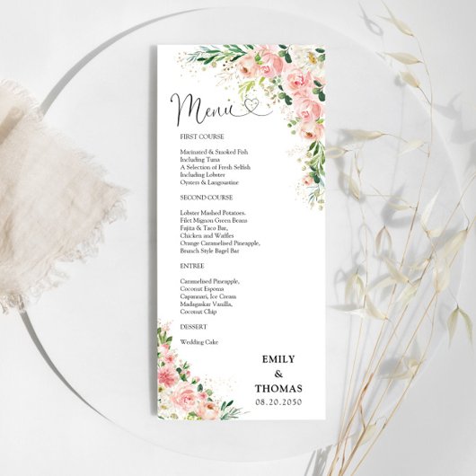 Blush Roze Rozen Bruiloft Menu