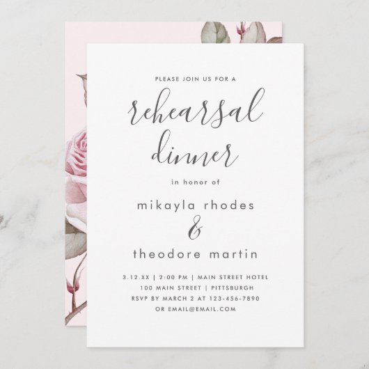 Blush Roze Rozen Bruiloft repetitie Diner Kaart (Voorkant / Achterkant)