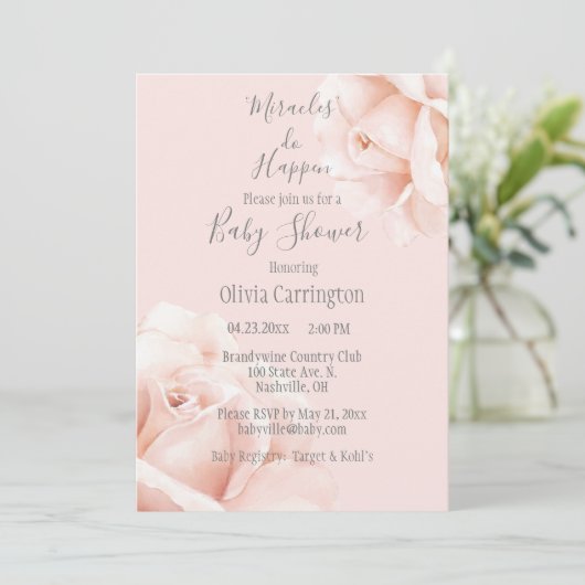 Blush roze rozen draden vertonen Baby in script Kaart (Staand voorkant)