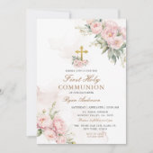 Blush roze Rozen Eerste Heilige Communie Kaart (Voorkant)