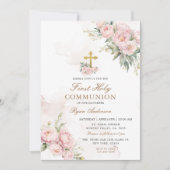 Blush roze Rozen Eerste Heilige Communie Kaart (Voorkant)