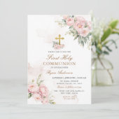 Blush roze Rozen Eerste Heilige Communie Kaart (Staand voorkant)