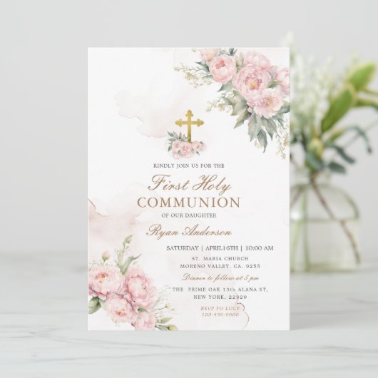 Blush roze Rozen Eerste Heilige Communie Kaart (Staand voorkant)