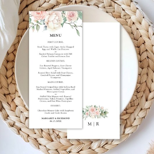 Blush roze rozen Elegant bruiloft menu