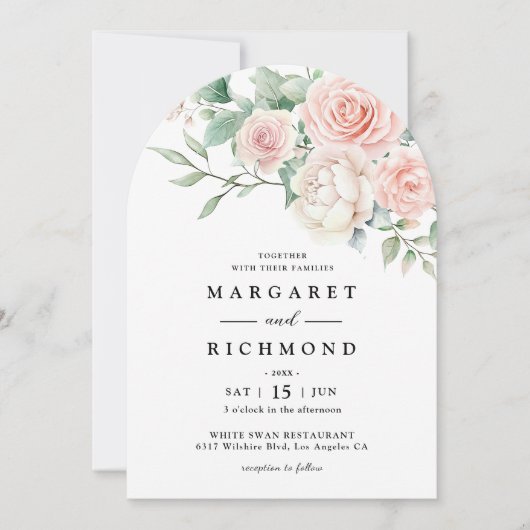 Blush roze rozen Elegante Bloemboog bruiloft Kaart (Voorkant)