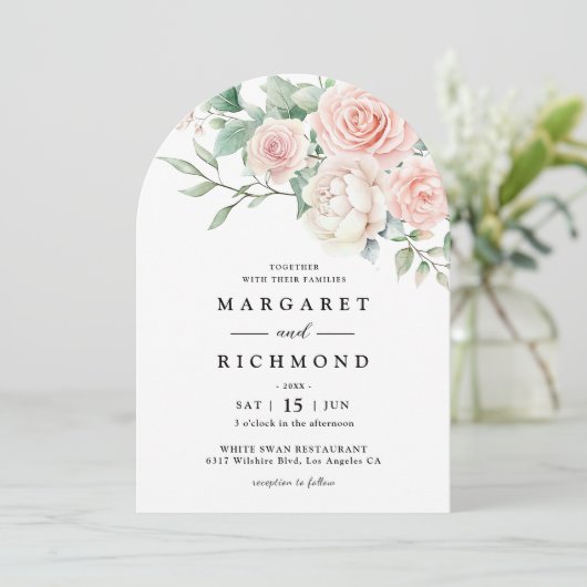 Blush roze rozen Elegante Bloemboog bruiloft Kaart (Staand voorkant)