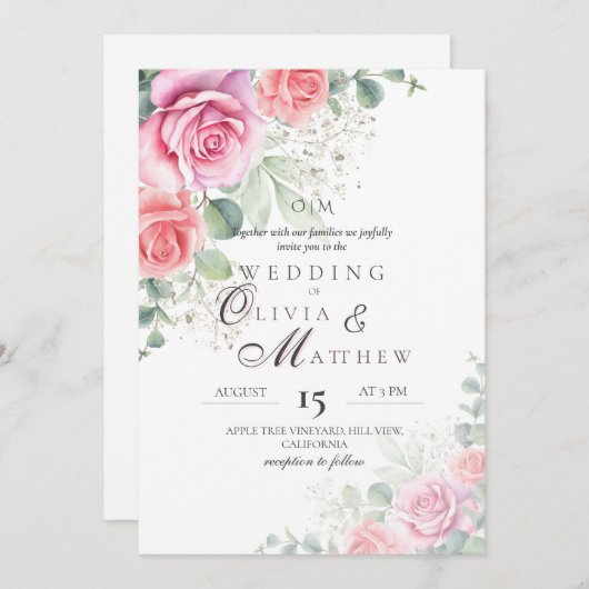 Blush roze rozen Elegante en zachte bruiloft Kaart (Voorkant / Achterkant)