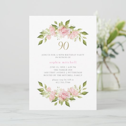 Blush Roze Rozen en Goud | 90e verjaardag Kaart (Staand voorkant)