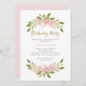 Blush Roze Rozen en Goud | Verjaardagsfeestje Kaart (Voorkant / Achterkant)