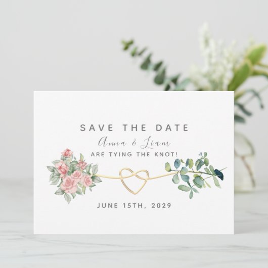 Blush roze rozen en groen bruiloft save the date (Staand voorkant)