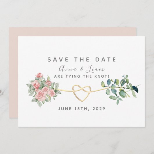 Blush roze rozen en groen bruiloft save the date (Voorkant / Achterkant)