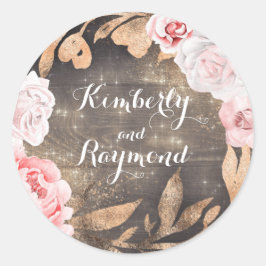 Blush Roze Rozen en Pioenen Rustiek Goud Glitter Ronde Sticker