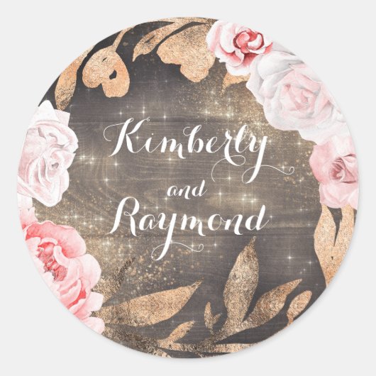 Blush Roze Rozen en Pioenen Rustiek Goud Glitter Ronde Sticker (Voorkant)