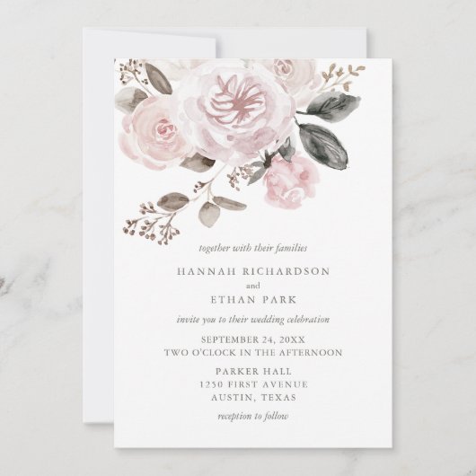 Blush roze rozen en pony's | Waterverf bruiloft Kaart (Voorkant)