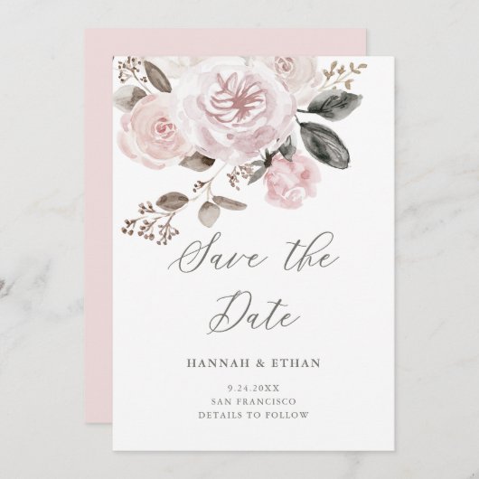 Blush roze rozen en pony's | Waterverf bruiloft Save The Date (Voorkant / Achterkant)
