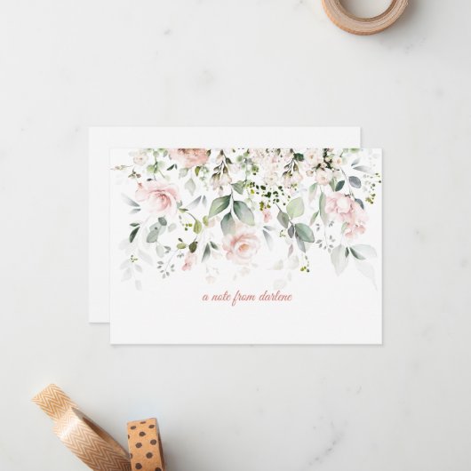 Blush roze rozen en Sage Greenery Note Card Notitiekaartje (Voorkant / Achterkant in situ)