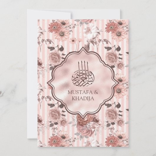 Blush roze rozen en Stripes Floral Muslim Wedding Kaart (Voorkant)