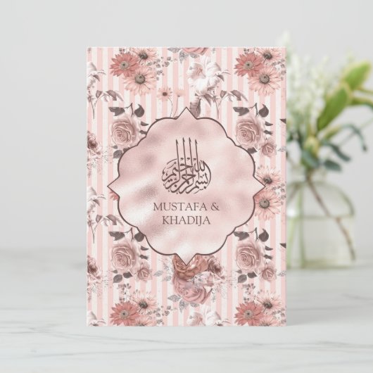Blush roze rozen en Stripes Floral Muslim Wedding Kaart (Staand voorkant)
