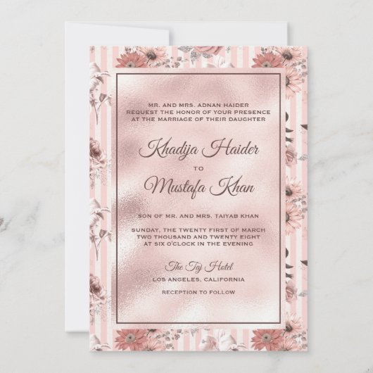 Blush roze rozen en Stripes Floral Muslim Wedding Kaart (Achterkant)