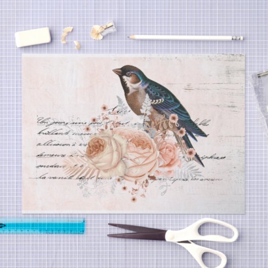 Blush roze rozen en vogel ephemera tissuepapier (Craft)
