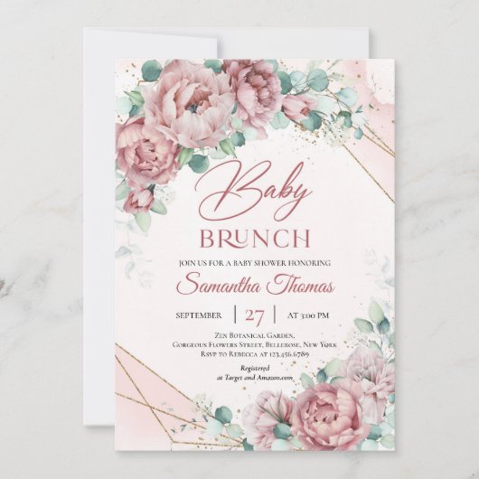 Blush roze rozen eucalyptus Gold lijst baby brunch Kaart (Voorkant)