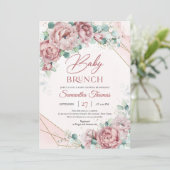 Blush roze rozen eucalyptus Gold lijst baby brunch Kaart (Staand voorkant)