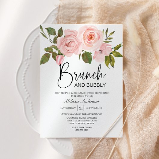 Blush roze rozen Floral Bridal Brunch Invitation Kaart
