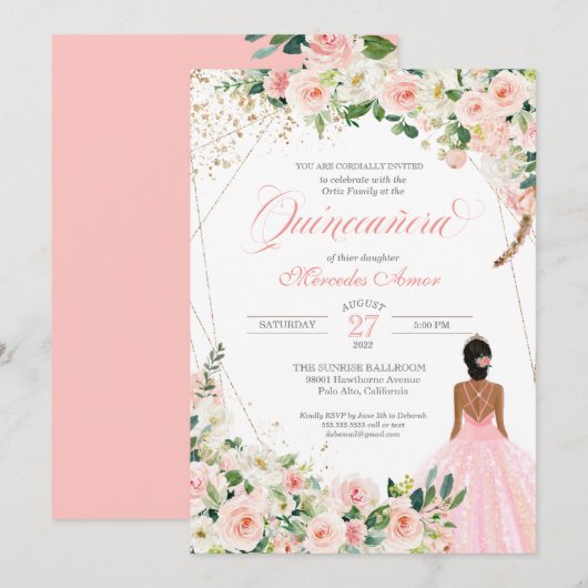 Blush roze rozen Floral Quinceanera Celebration Kaart (Voorkant / Achterkant)