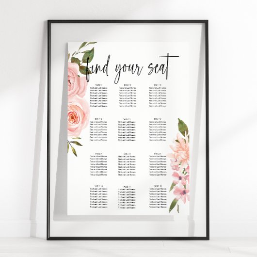 Blush roze rozen Floral Wedding Seating Chart Poster