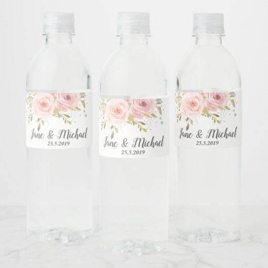 Blush roze rozen  Floral Wedding Waterfles Etiket (Flessen)